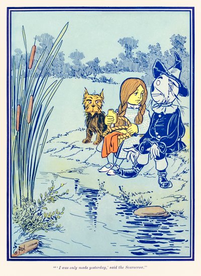 ??Jeg blev først lavet i går,? sagde fugleskræmselen.? fra ?Den vidunderlige troldmand fra Oz? af L. Frank Baum af William Wallace Denslow
