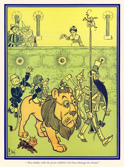 Soldaten med de grønne knurhår førte dem gennem gaderne. fra The Wonderful Wizard of Oz af L. Frank Baum af William Wallace Denslow