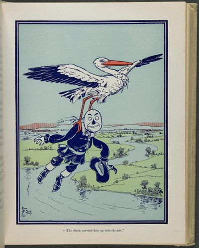 "Storken bar ham op i luften", illustration fra "Den vidunderlige troldmand fra Oz" af Lyman Frank Baum af William Wallace Denslow