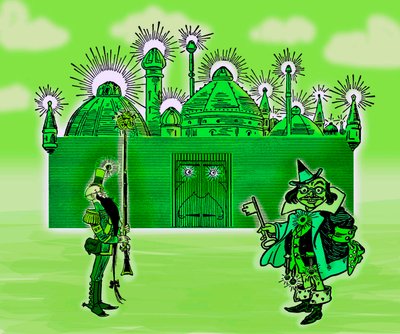 The Wonderful Wizard of Oz - The Wizard of Oz: Redigering af tre billeder af Denslow, William Wallace (1856-1915) til den første udgave 1900 af Frank Baums bog (1856-1919) - The Emerald City and its two Guardians - farve grøn , grøn - The Emerald City - af William Wallace Denslow