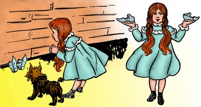 The Wonderful Wizard of Oz - The Wizard of Oz: Redigering af to billeder af Denslow, William Wallace (1856-1915) lavet til den første udgave 1900 af Frank Baums bog (1856-1919) - Dorothee (Dorothy), ledsaget af sin hund Toto , genopretter den magiske sølvs af William Wallace Denslow
