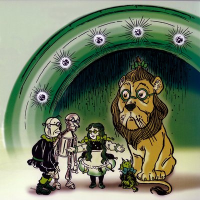 The Wonderful Wizard of Oz - The Wizard of Oz: tegning af Denslow, William Wallace (1856-1915) til en af de første udgaver af Frank Baums bog (1856-1919) - Foran Emerald City Palace Dorothee (Dorothy) og hans venner, hunden Toto, forskrækkelsen af William Wallace Denslow