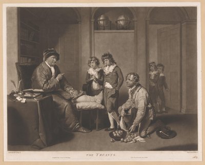 Mand skælder børn ud og en knælende mand med pærer The Truants (titel på objekt) af William Ward
