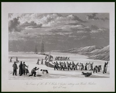 Besætningerne på H.M.S. Hecla und Griper skærer ind i Winter Harbour, 26. september 1819, fra 