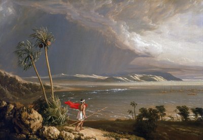 Udsigt over Malay Bay på øen Pobassoo (Australien) i februar 1803. Olie på lærred, begyndelsen af det 19. århundrede, af William Westall (1781-1850). af William Westall