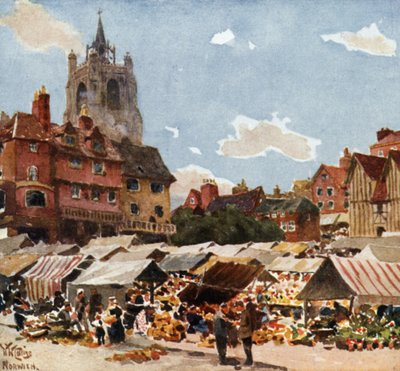 Norwich, markedspladsen (farve litho) af William Wiehe Collins