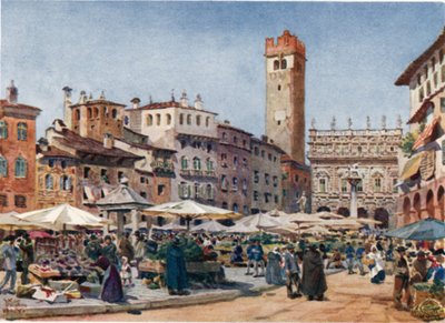 Verone. Markedspladsen (farve litho) af William Wiehe Collins