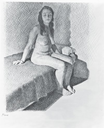 Siddende nøgen, ca. 1968-74 (blyant på papir) af William Wilkins