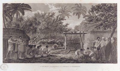Menneskeofring på Tahiti i det sydlige Stillehav, c1773 af William Woollett