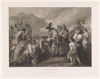 Charles II af England ankommer til stranden ved Dover den 25. maj 1660 Restaurering (titel på objekt) af William Woollett