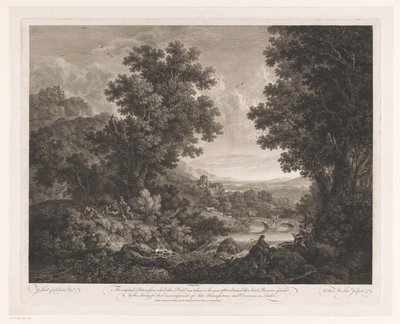 Landskab med figurer omkring et bål og en tegner og shawm-spiller på bredden af ​​en flod Første Premium Landskab af William Woollett