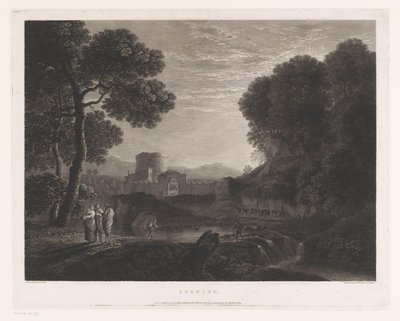 Landskab med port og tårn på bredden af ​​en flod Aften (titel på objekt) af William Woollett