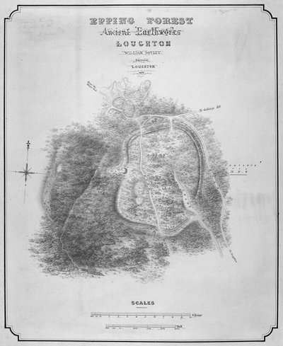 Kort over de gamle jordarbejder i Loughton Camp lavet omkring år 52 i Epping Forest, Essex, 1876 af William d