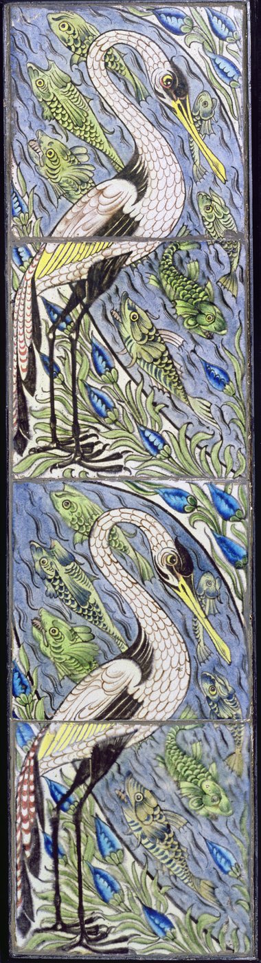 Fire fliser forestillende fiskefugle (keramik) af William de Morgan