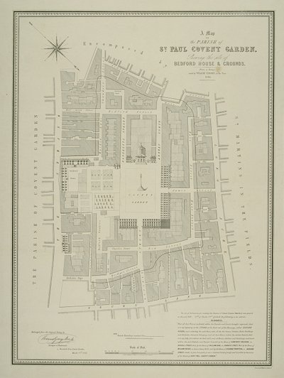 Kort over sognet St. Paul, Covent Garden, der viser stedet for Bedford House og grunde, udgivet af W.P. Metchim, 1686 af Willian Leybourn