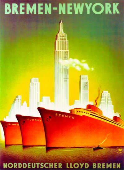 "Bremen - New York", reklameplakat for Nordtyske Lloyd Line af Willy Hanke