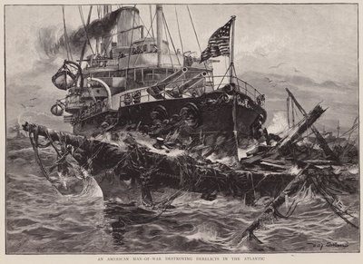 En amerikansk krigsmand ødelægger vrag i Atlanterhavet (litografi) af Willy Stower