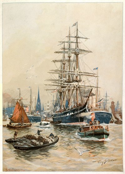 Hamborgs havn, 20. århundrede (illustration) af Willy Stower