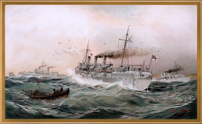 Kaiserliche Marine Griffin, Meteor og Jagd ser ud på brystbyen, kromo-litografi af Willy Stöwer 1894, nr9 fra G. Wislicenus, Unsre Kriegsmarine. af Willy Stöwer
