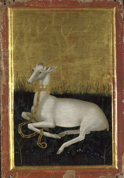 En hvid hjerte lænket med en krone om halsen Yderpanelet på Wilton Diptykon, mellem 1395 og 1399 af Wilton Master