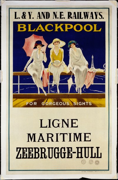 Blackpool, L.& Y. og N.E. Jernbaner, ca. 1930 (litografi i farver) af Wilton Williams