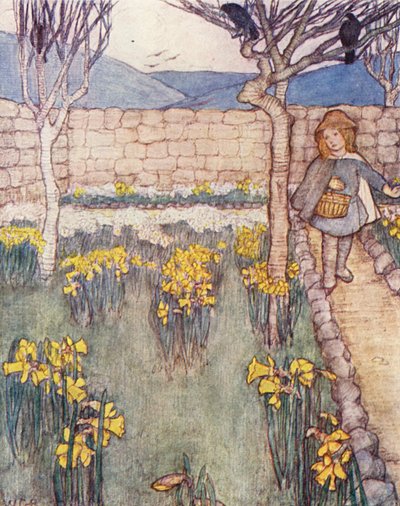 Børnenes bog om havearbejde: Påskeliljer (farvelitografi) af Winifred Cayley Robinson