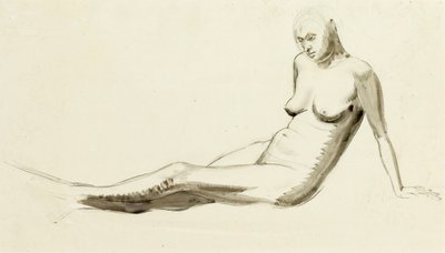 Siddende nøgen, ca. 1919 (pen og vask over blyant) af Winifred Knights