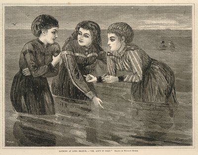 Badning ved Long Branch, --"Åh, er det ikke koldt!", fra Every Saturday, 26. august 1871 af Winslow Homer