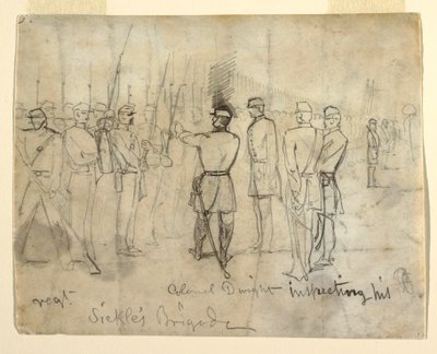 Tegning
Tegning, Oberst William Dwight, Jr. inspicerer sit regiment, 1862 af Winslow Homer