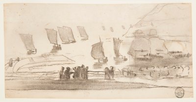 Tegning, Strandscene med mennesker og fiskerbåde, Cullercoats, England, 1881-82 af Winslow Homer