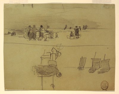Tegning, Strandscene med kvinder, der bærer kurve, Cullercoats, England, 1881-82 af Winslow Homer