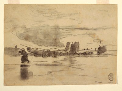 Tegning, Strand ved lavvande, Cullercoats, England, 1881 af Winslow Homer