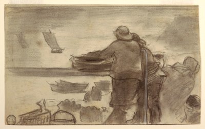 Tegning, Strand med både og mennesker, Cullercoats, England, 1881-82 af Winslow Homer