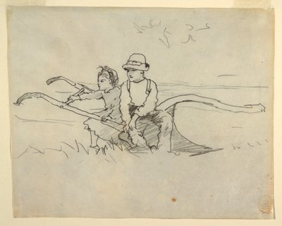 Tegning, Dreng og pige siddende på en plov, 1879 af Winslow Homer