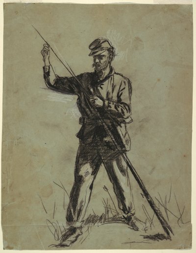 Tegning, kavalerisoldat, der lader en riffel, 1863-64 af Winslow Homer