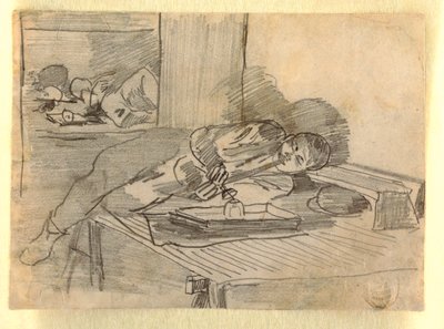 Tegning, kinesisk mand, der ryger opiumspibe, Baxter Street Club House, New York City, ca. 1874 af Winslow Homer
