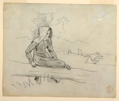 Tegning, Pige siddende på en træstamme, 1879 af Winslow Homer