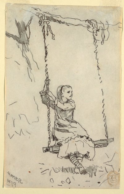 Tegning, pige på gynge, 1879 af Winslow Homer