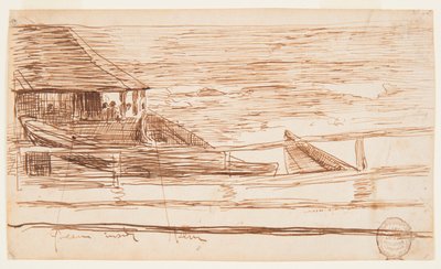 Tegning, Hus ved et rækværk med strandede doryer, Cullercoats, England, 1881 af Winslow Homer