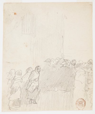 Tegning, Mænd og kvinder kigger ud over havet, Cullercoats, England, 1881 af Winslow Homer