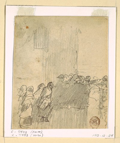 Tegning, Mænd og kvinder kigger ud over havet, Cullercoats, England, 1881 af Winslow Homer