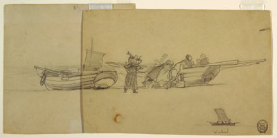 Tegning, mænd og kvinder, der losser en fiskejolle, Cullercoats, England, 1881-82 af Winslow Homer