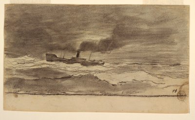 Tegning, havlandskab med fisketrawler, Cullercoats, England, 1881-82 af Winslow Homer