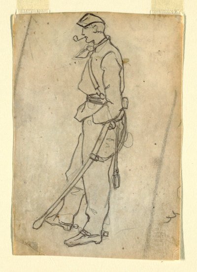 Tegning, Soldat med sværd og pibe, 1862 af Winslow Homer