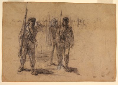 Tegning, soldater i øvelse, sandsynligvis 1864 af Winslow Homer