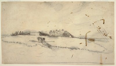 Tegning, Tre både med fiskere, der sætter et net ud, 1881-82 af Winslow Homer