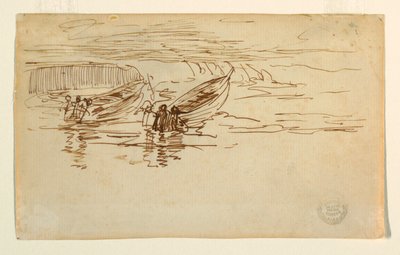Tegning, to doryer søsættes, England, 1881 af Winslow Homer