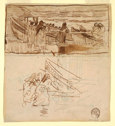 Tegning, To studier af kvinder, der ser på søsætning af doryer, Cullercoats, England, 1881 af Winslow Homer