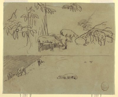 Tegning, To visninger af får, der græsser på en mark, sandsynligvis 1875-78 af Winslow Homer