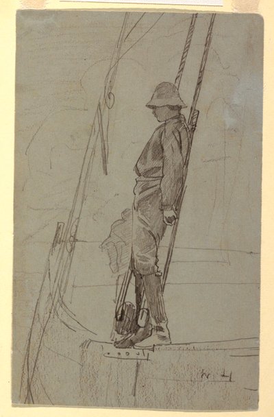Tegning, Ung mand læner sig op ad sejlbådens rigning, sandsynligvis 1861-62 af Winslow Homer